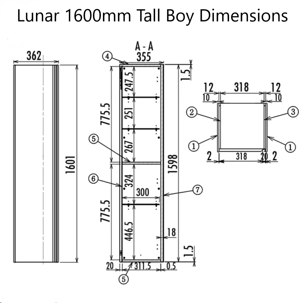 Moonstone Lunar 1600mm Wall Hung Tall Boy Cabinet - Dimensions