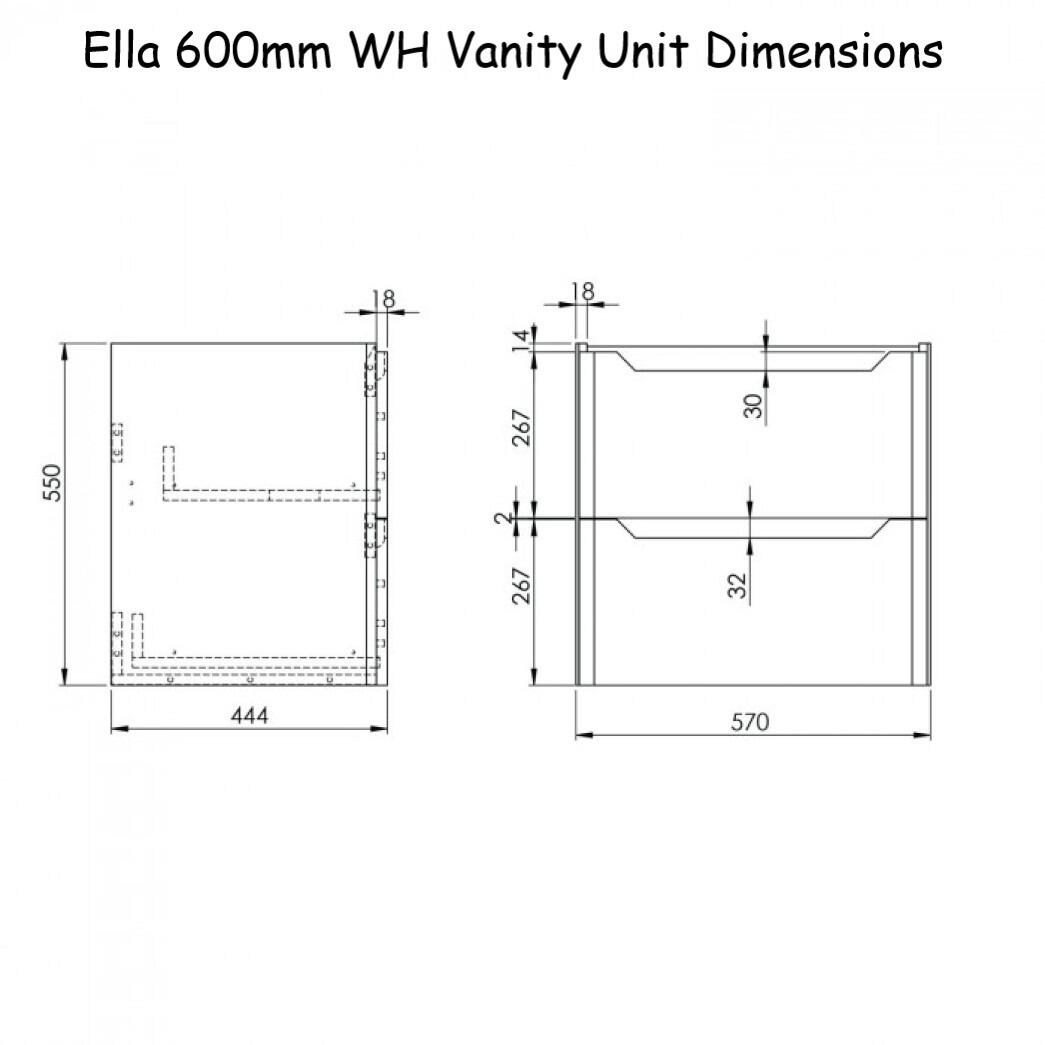Ella 600mm Wall Hung 2 Drawer Vanity Unit Dimensions