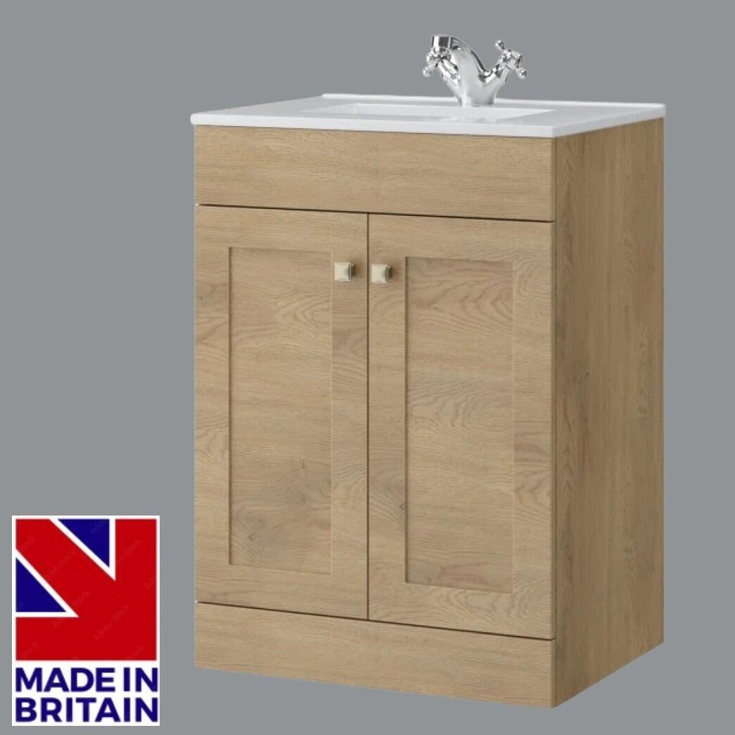 Sanctuary Shaker 600mm 2 Door Floor Standing Vanity Unit - Torro Oak