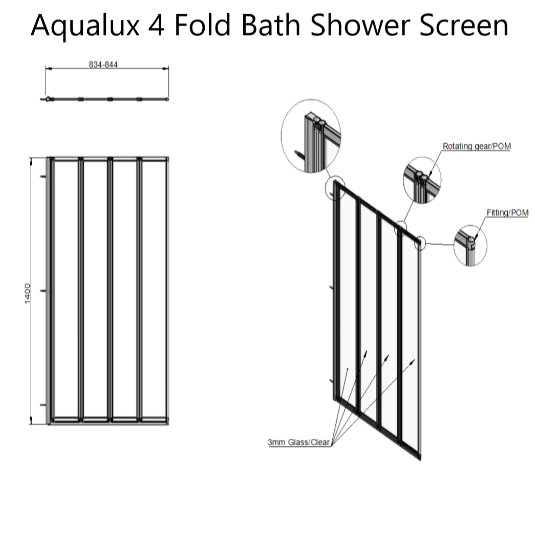 Aqualux 840mm 4 Panel Chrome Folding Bath Screen - Dimensions