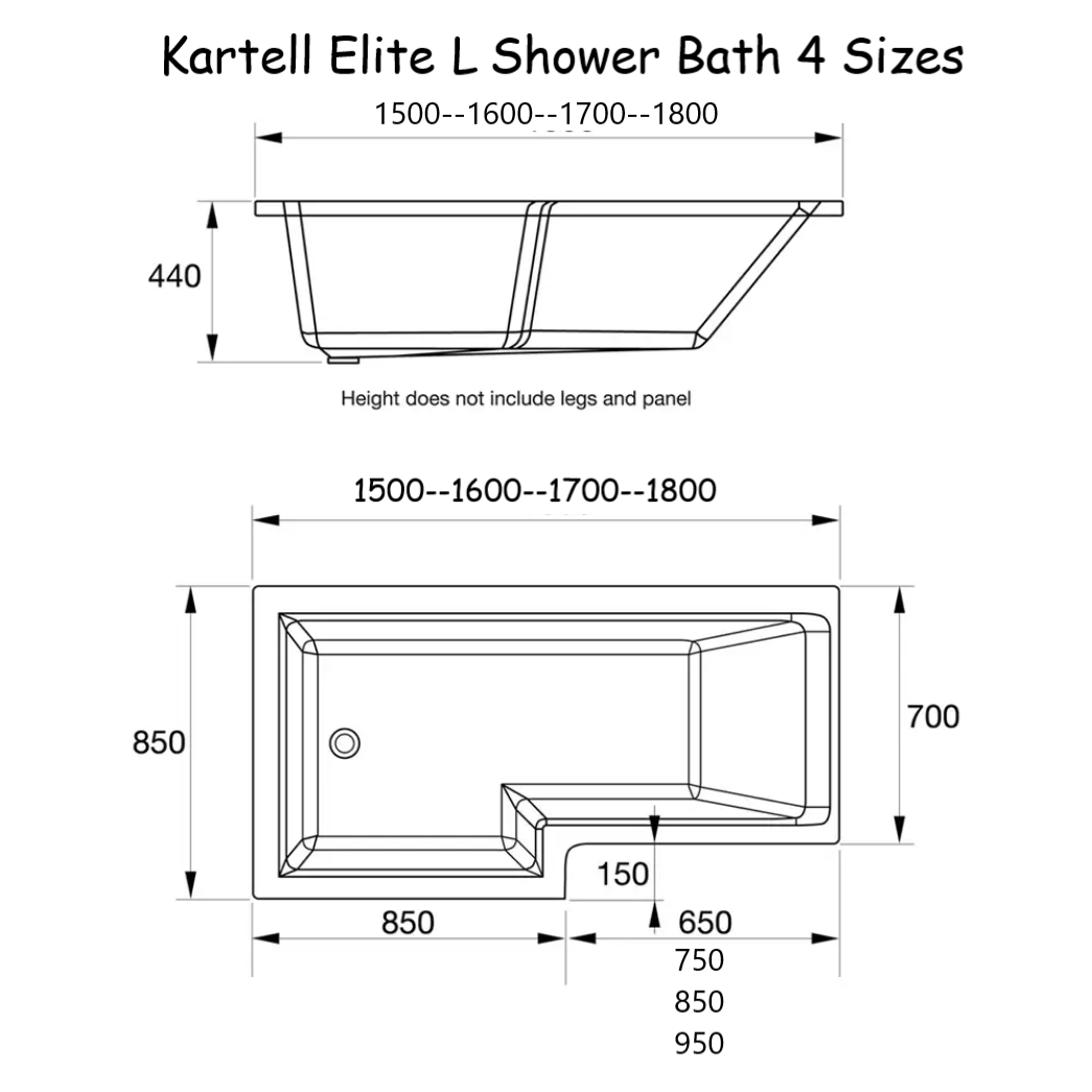 Elite L Shape Left Hand Shower Bath Dimensions