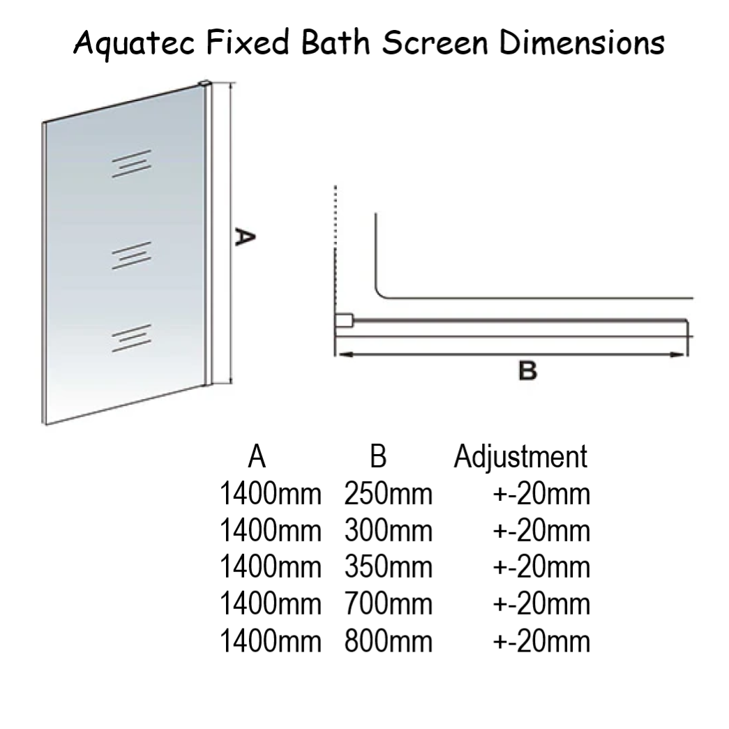 Aquatec 6mm Fixed Panel Bath Shower Screen Dimensions
