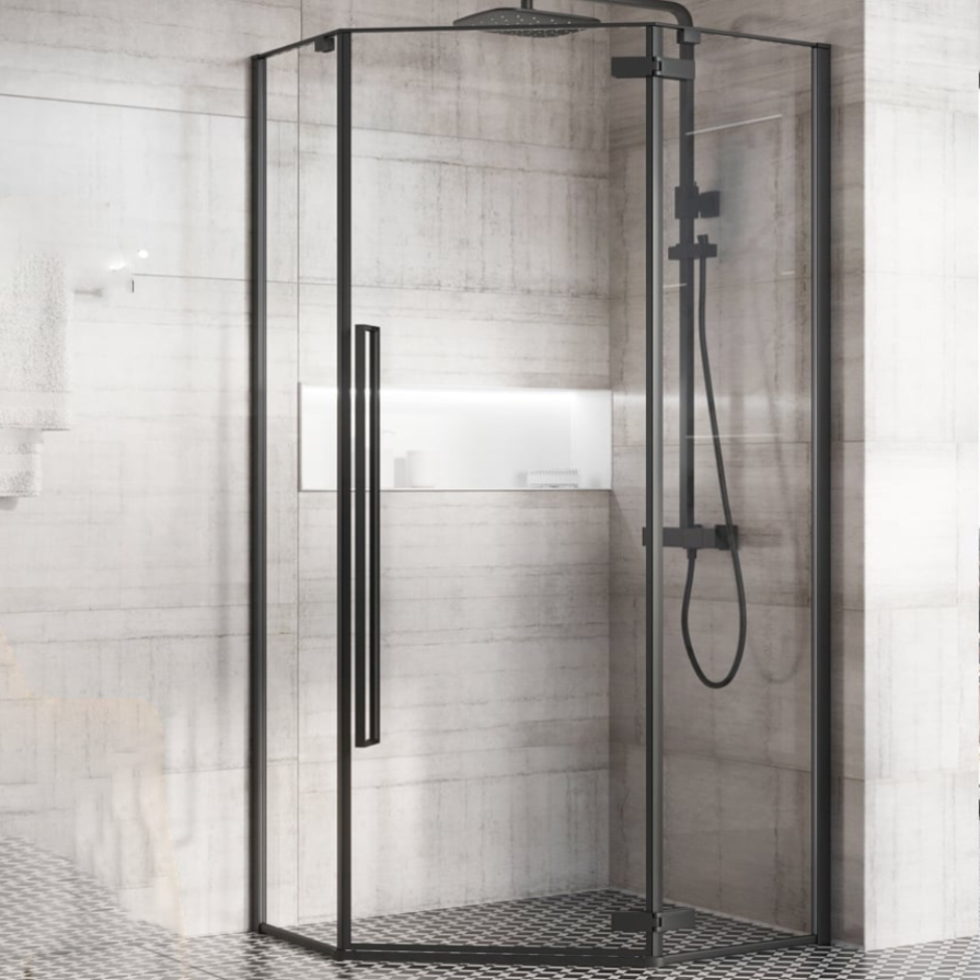 Pentagra 900mm Matt Black Corner Shower Enclosure.
