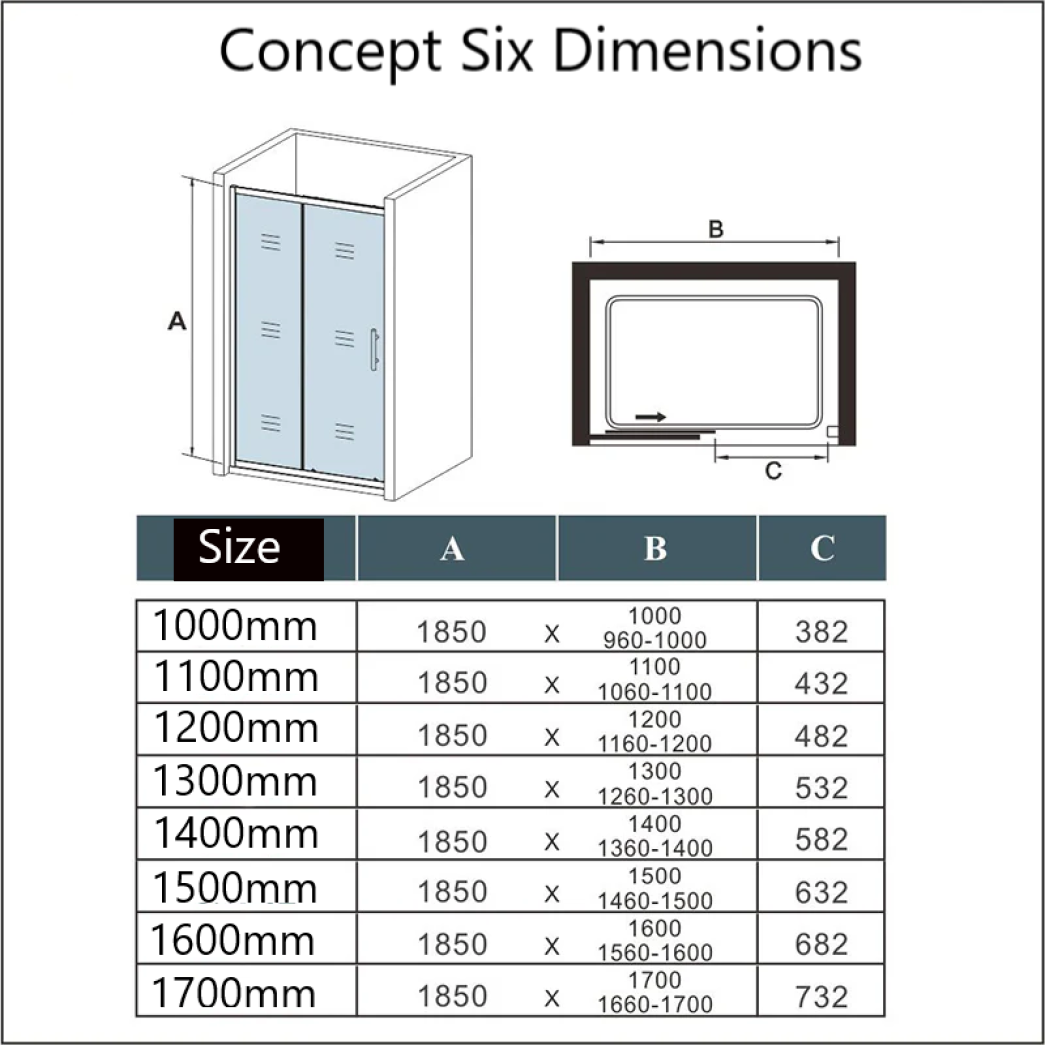 Concept Six Chrome Recessed Sliding Shower Door - Dimensions