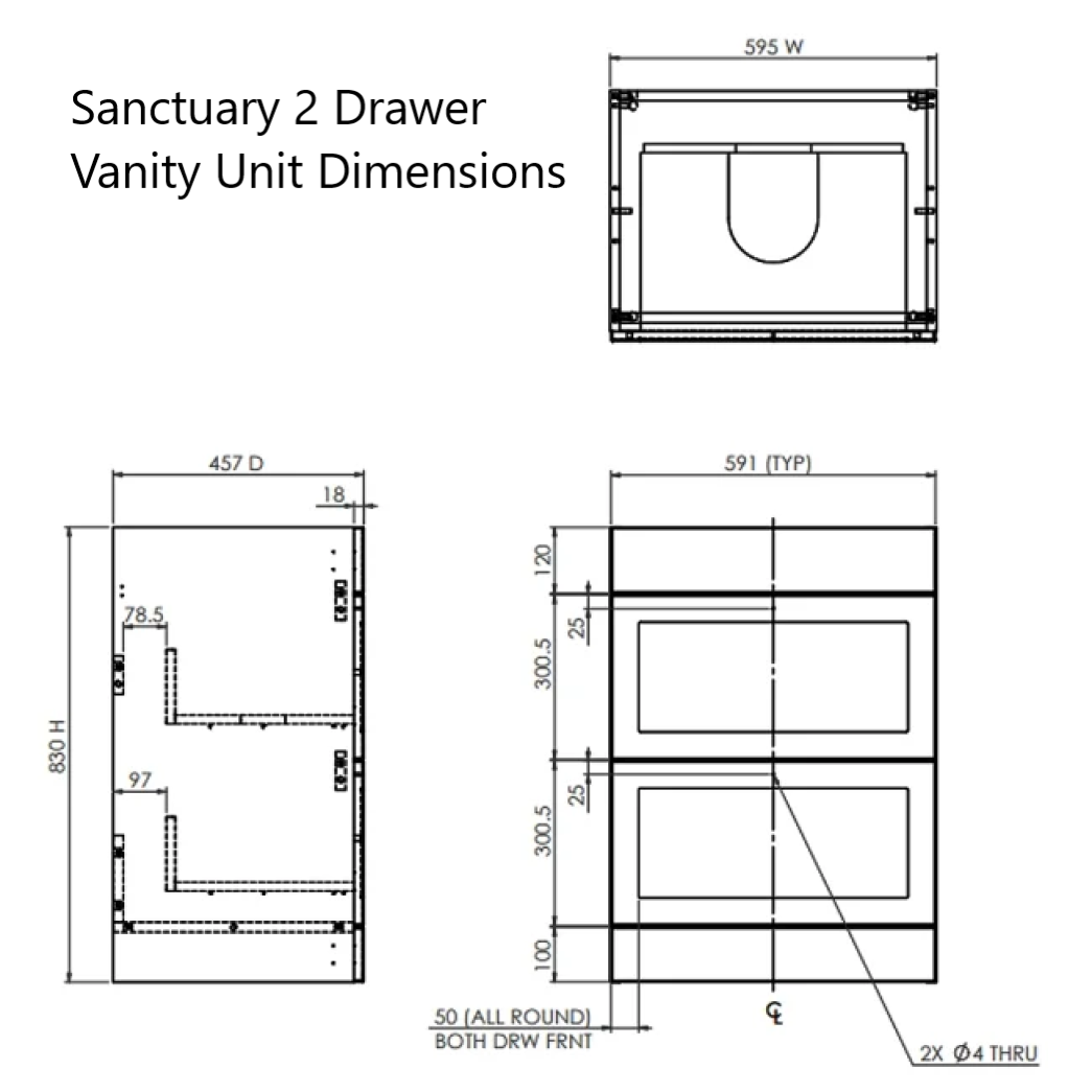 Sanctuary Shaker 600mm 2 Drawer Floor Standing Vanity Unit Dimensions