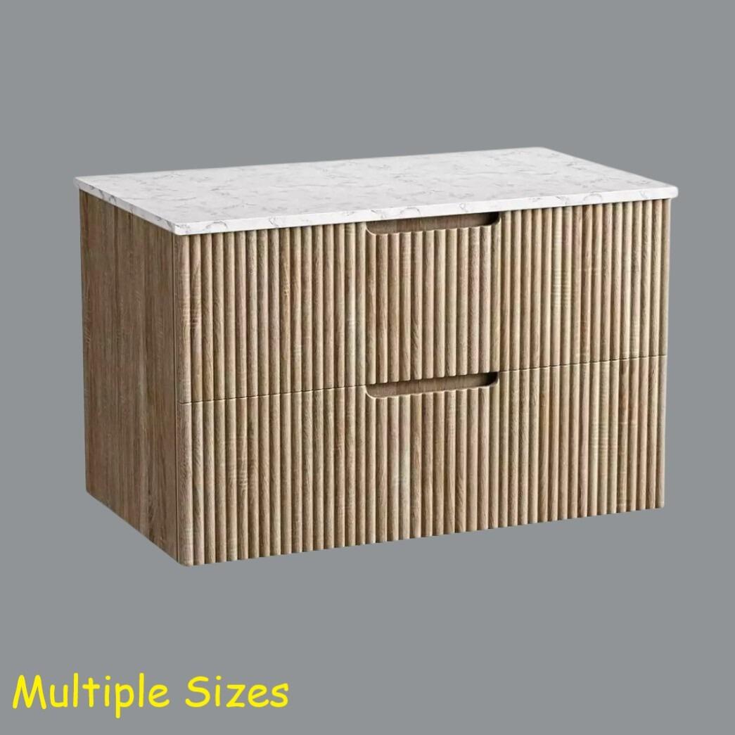 Miami Light Oak Fluted Wall Hung Vanity Unit with Carrara Marble Worktop