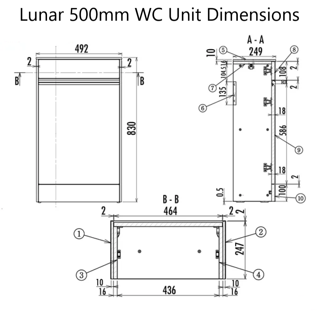 Moonstone Lunar 500mm Back to Wall WC Unit - Dimensions