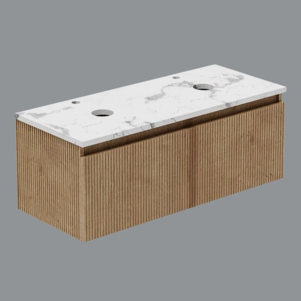 Ripple 1200mm Wall Hung Fluted Light Oak Vanity Unit with Quartz Marble Worktop