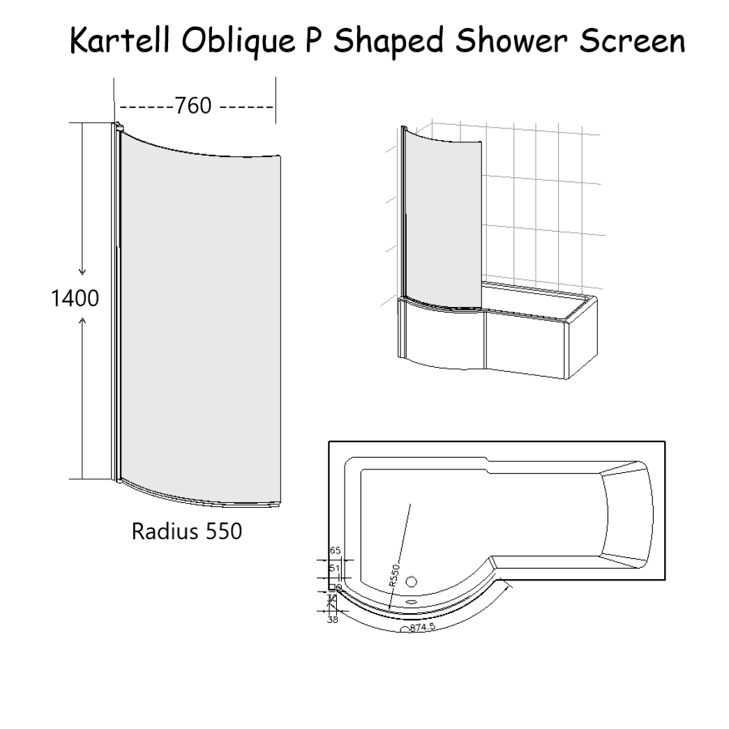 Kartell Oblique Curved P Shaped Hinged Bath Shower Screen Dimensions