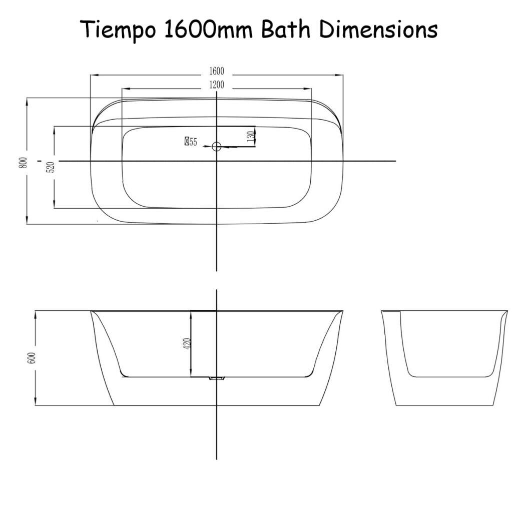 Tiempo 1600mm Freestanding Double Skinned Acrylic Bath Dimensions