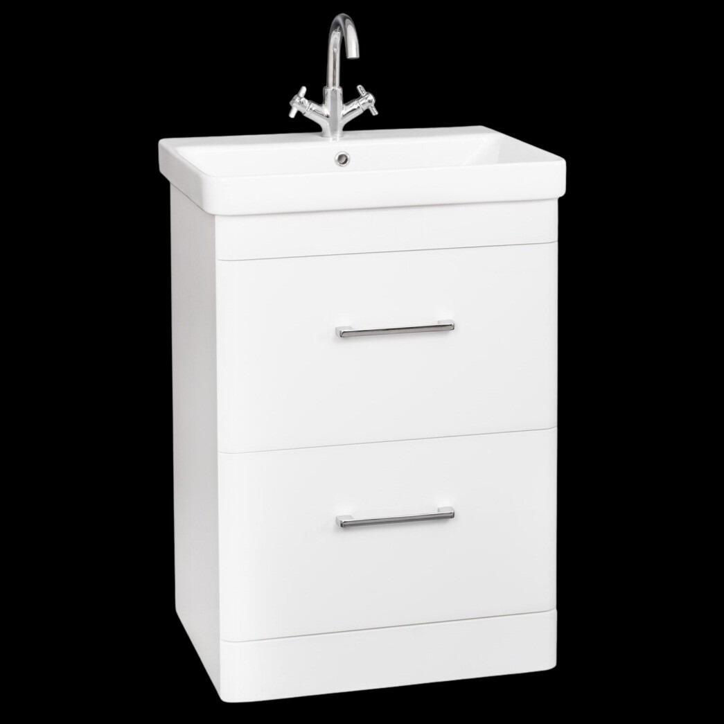 Orion 600mm Gloss White 2 Drawer Curved Edge Vanity Unit With Ceramic Basin