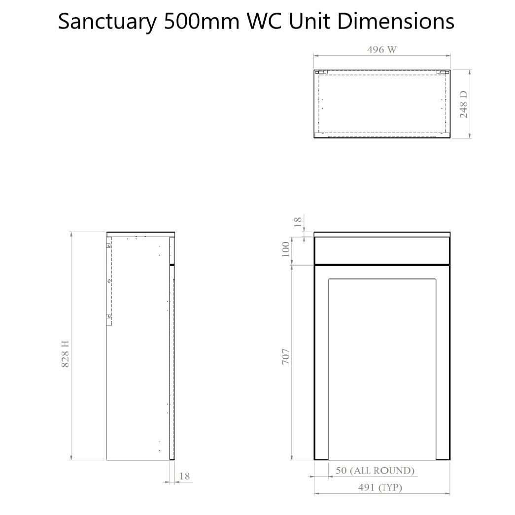 Sanctuary 500mm Back to Wall WC Toilet Unit - Dimensions