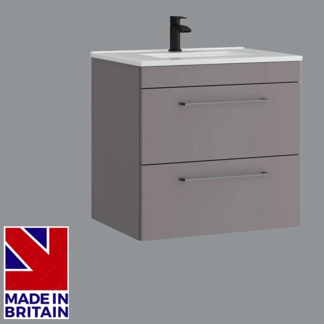 Prestige Dover 600mm Matt Slate Grey Wall Hung Vanity Unit With Ceramic Basin