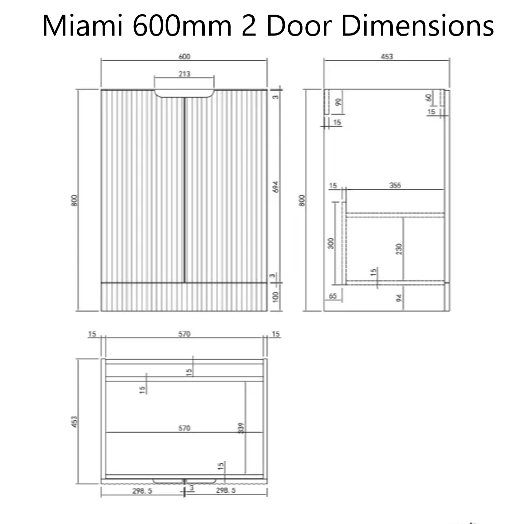 Miami 600mm Fluted 2 Door Vanity Unit - Dimensions