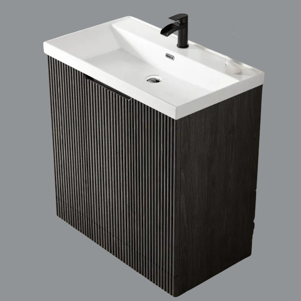 Miami 800mm Fluted 2 Door Vanity Unit with Ceramic Basin - Charcoal Elm