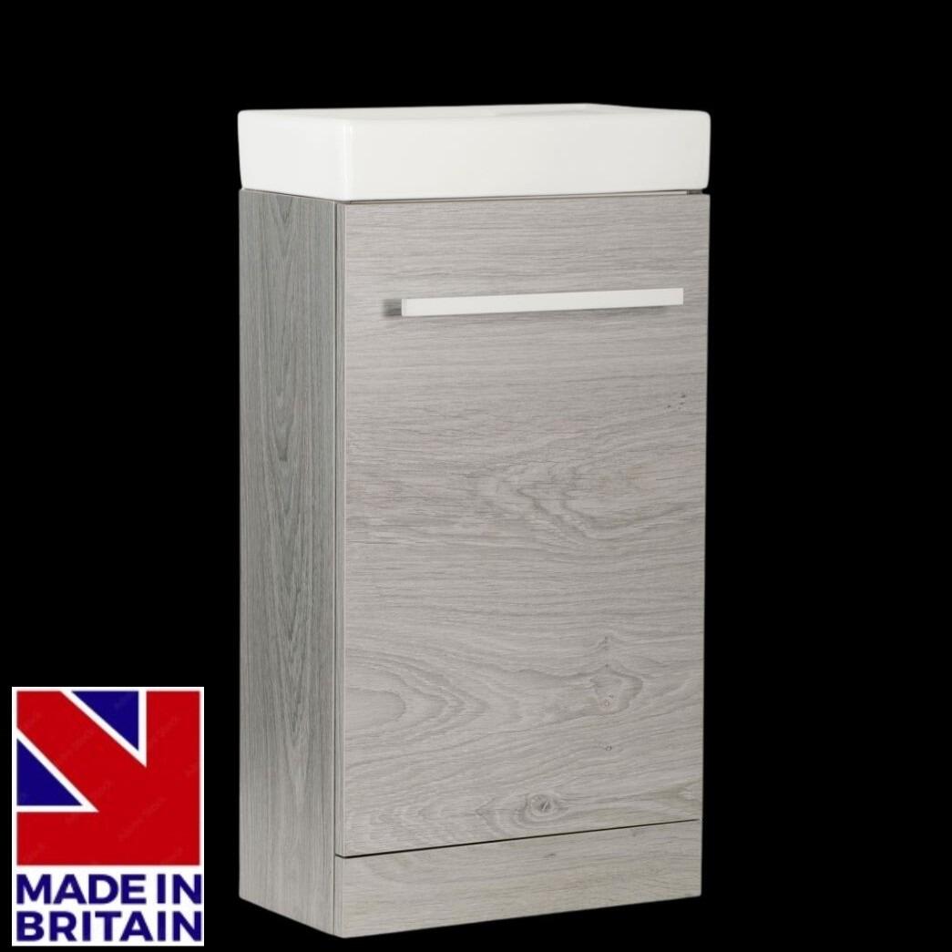 Virtue 410mm Silver Oak Single Door Floor Standing Cloakroom Vanity Unit with Ceramic Basin