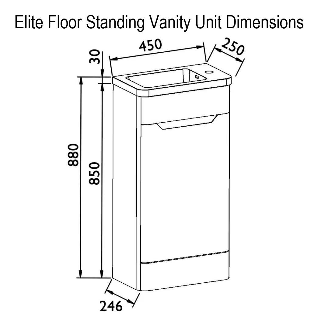 Elite 450mm Floor Standing Cloakroom Vanity Unit Dimensions
