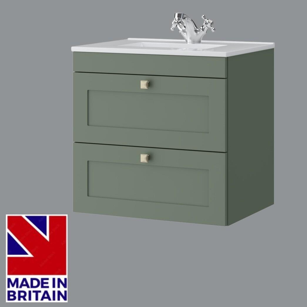Sanctuary Shaker 600mm 2 Drawer Wall Hung Vanity Unit - Corymbia Green