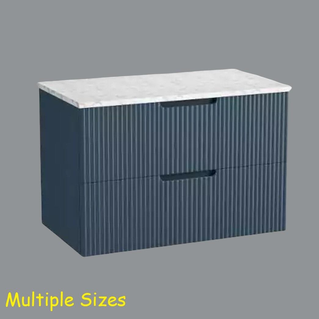 Miami Dark Blue Fluted Wall Hung Vanity Unit with Carrara Marble Worktop