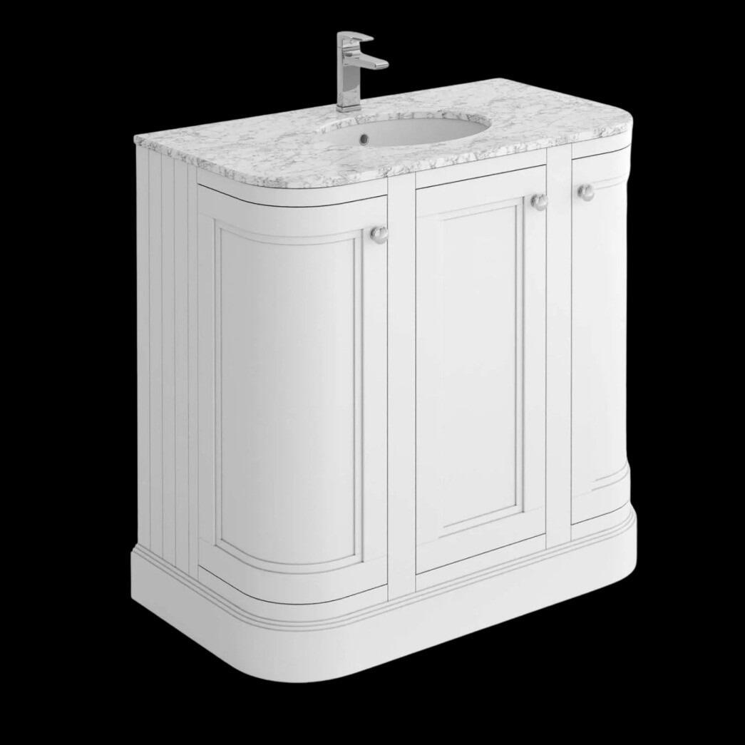 Rectory 900mm Matt White Curved End Vanity Unit with Carrara Worktop & Ceramic Basin