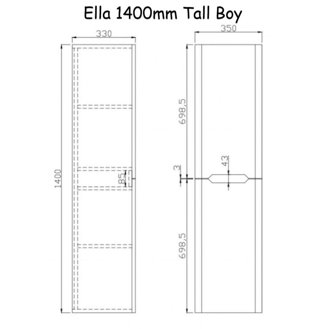 Ela 1400mm 2 Door Wall Hung Tall Cabinet Dimensions