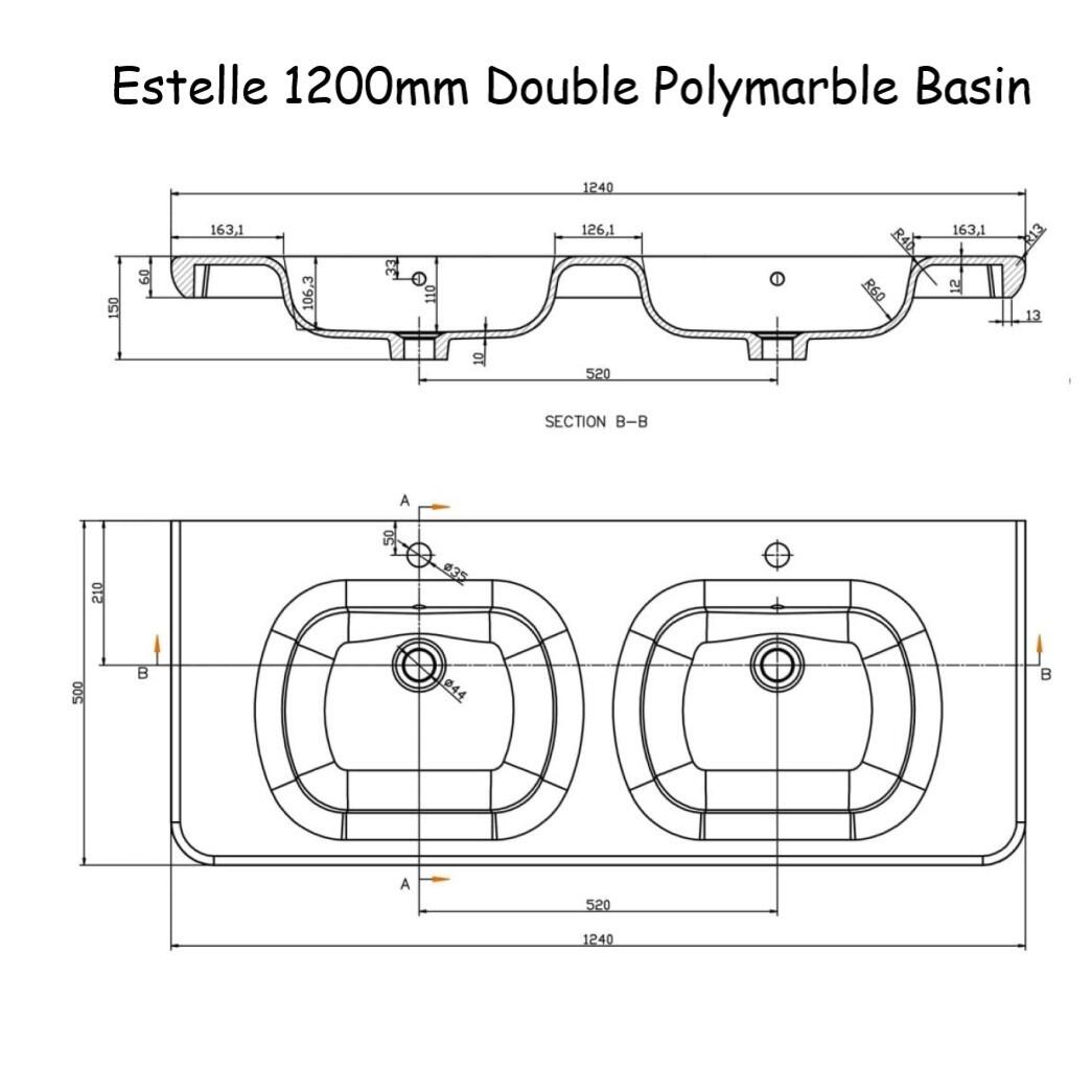 Estelle 1200mm Floor Standing Double Vanity Unit Basin Dimensions