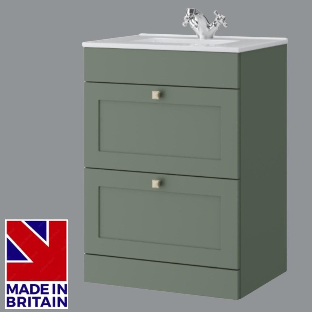 Sanctuary Shaker 600mm 2 Drawer Floor Standing Vanity Unit - Corymbia Green