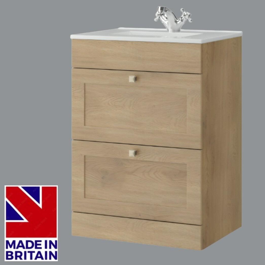 Sanctuary Shaker 600mm 2 Drawer Floor Standing Vanity Unit - Torro Oak