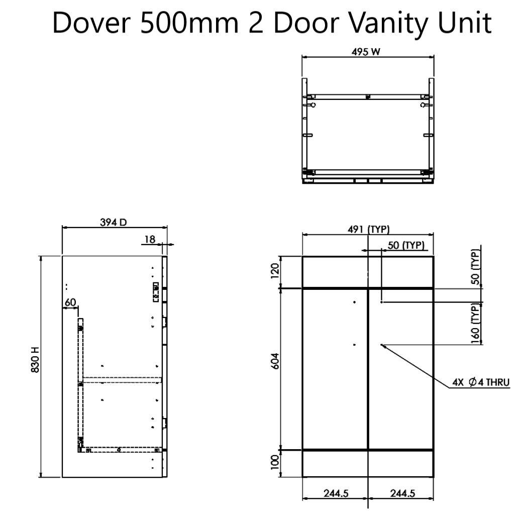 Prestige Dover 500mm 2 Door Vanity Unit Dimensions