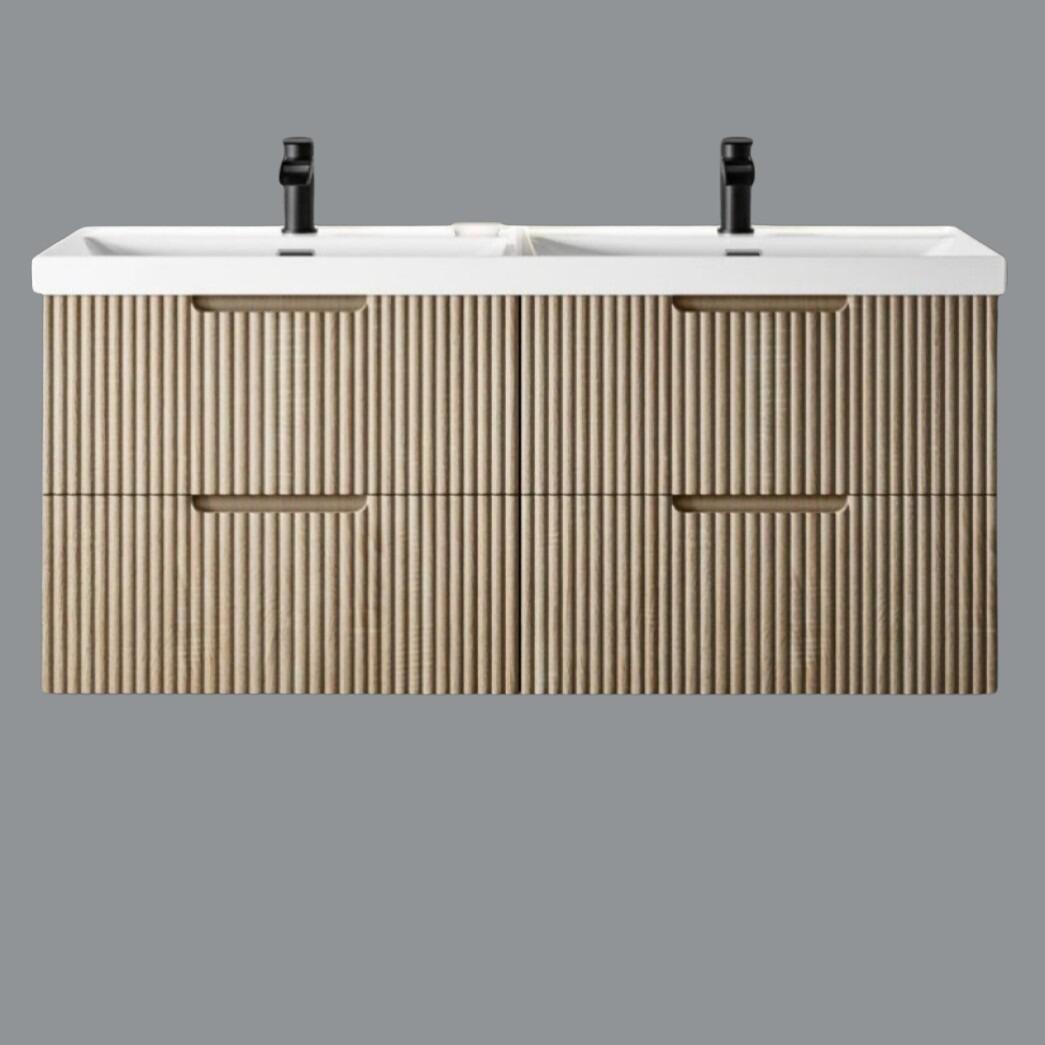 Miami 1200mm Fluted Wall Hung Vanity Unit with Double Ceramic Basins - Light Oak