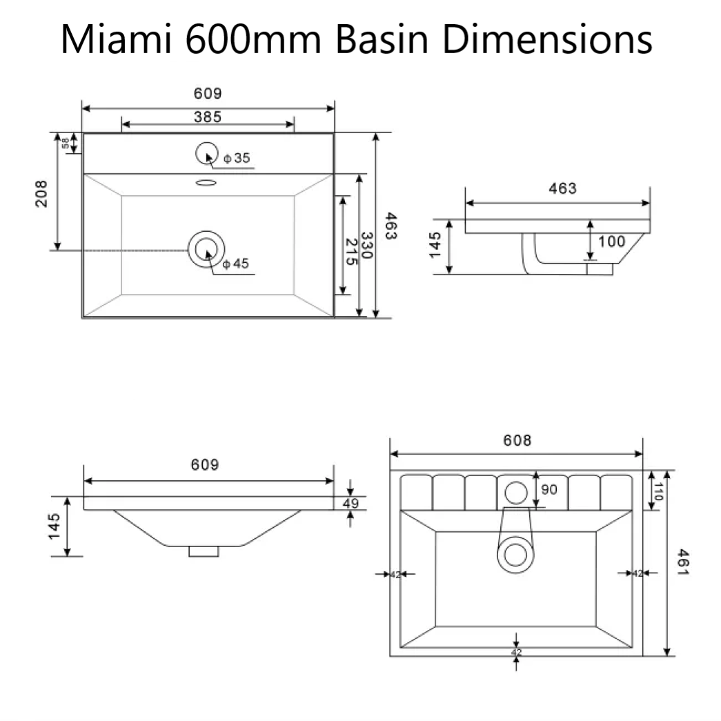 Miami 600mm Fluted 2 Door Vanity Unit Basin - Dimensions