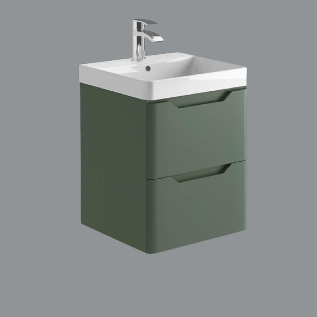 Ella 500mm Green Smoke Wall Hung 2 Drawer Vanity Unit with Ceramic Basin