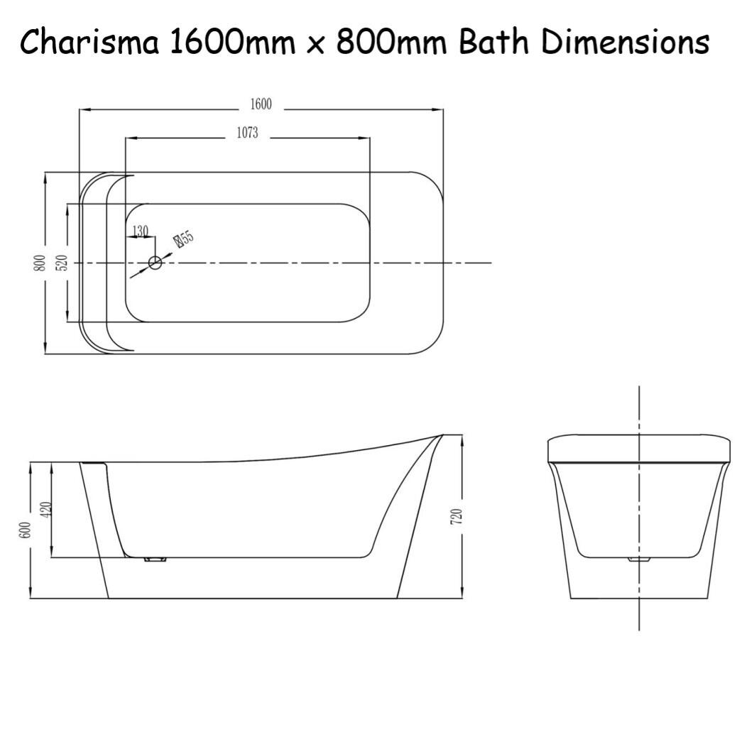 Charisma 1600mm x 800mm Modern Acrylic Bath Dimensions