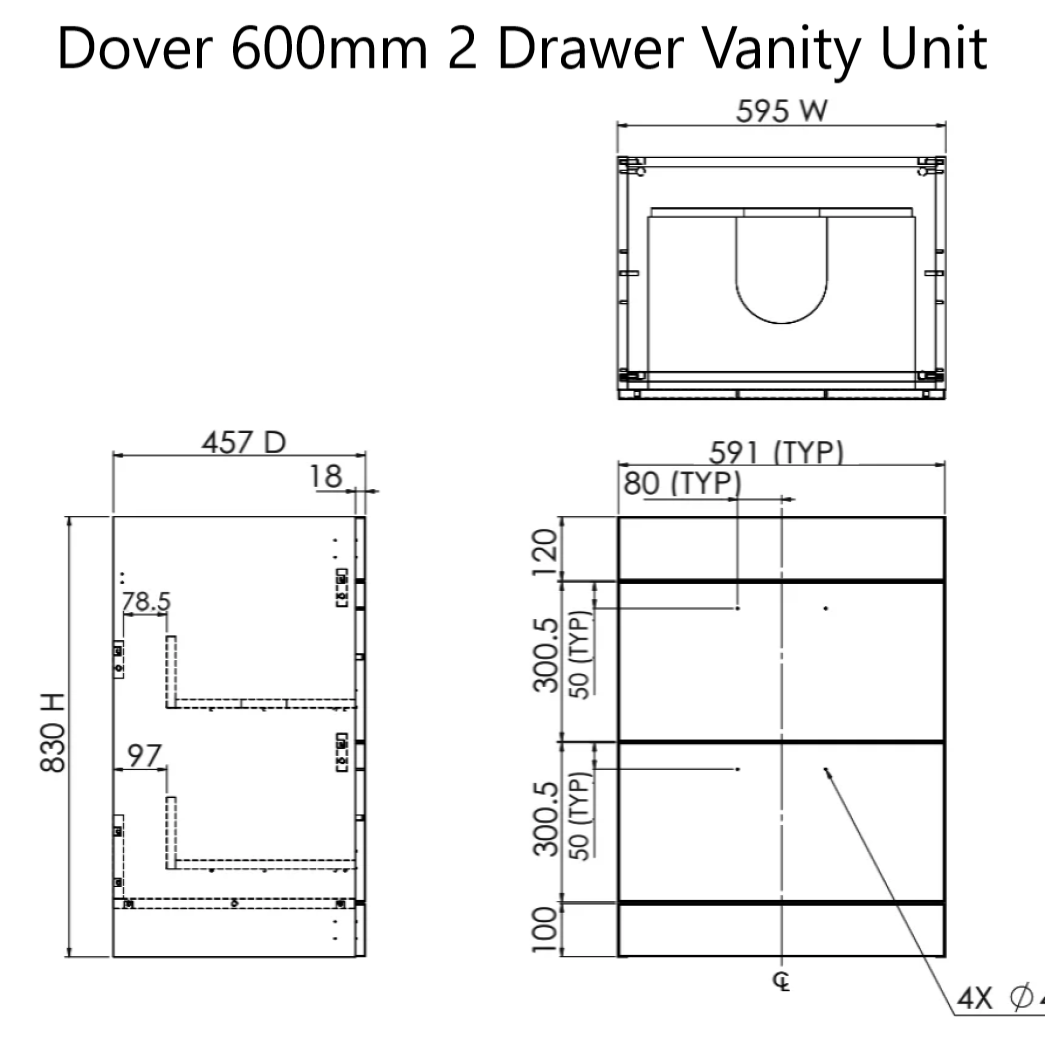 Prestige Dover 600mm 2 Drawer Vanity Unit Dimensions