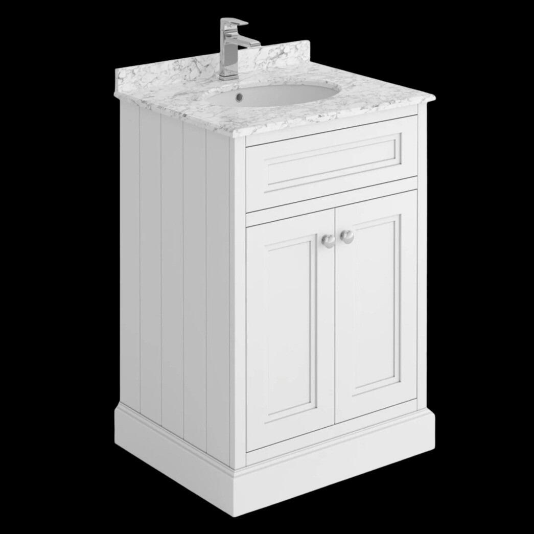Rectory 600mm Matt White Vanity Unit with Carrara Worktop & Under-Mounted Ceramic Basin