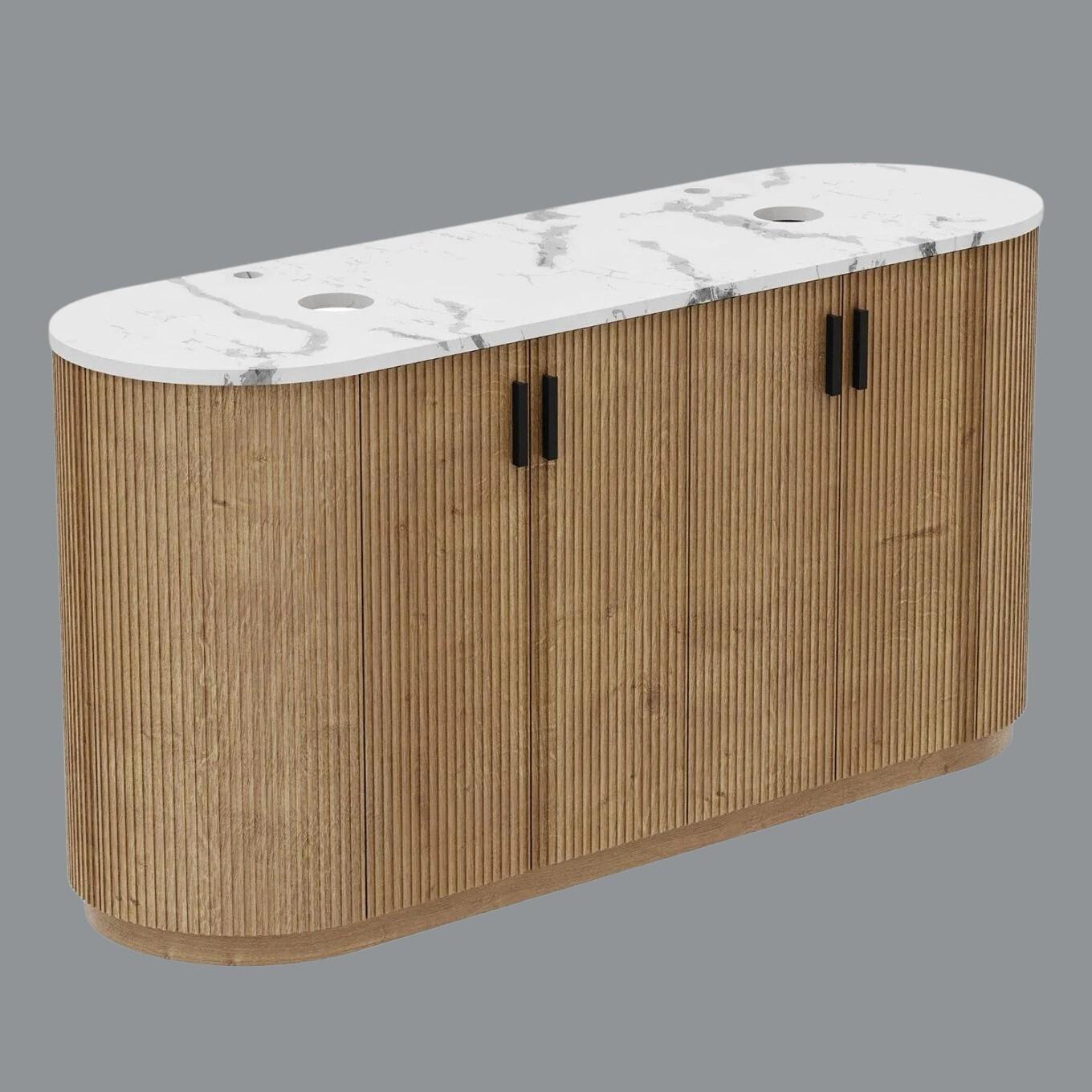 Ripple 1600mm Fluted Light Oak Curved End Vanity Unit with Quartz Marble Worktop