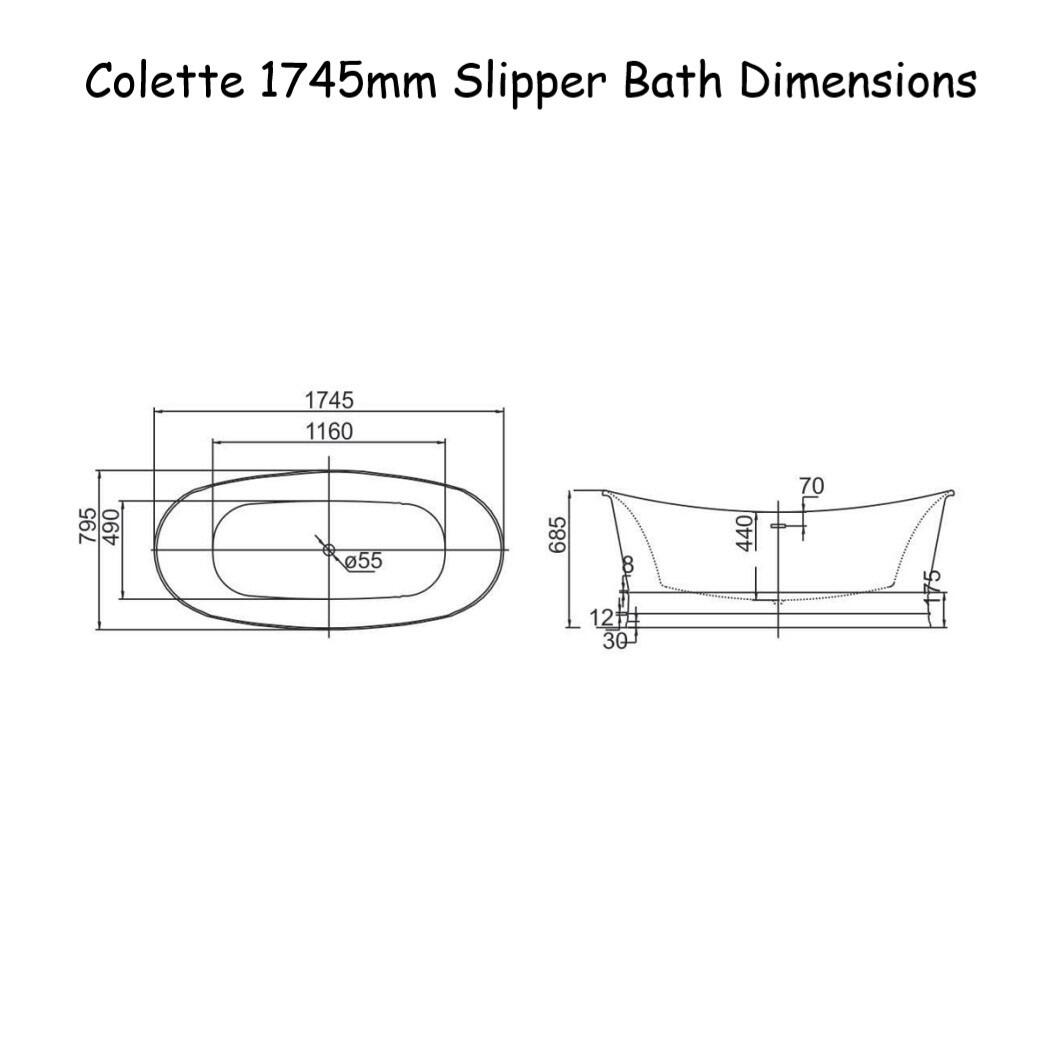 Colette 1745mm White Acrylic Slipper Bath Dimensions