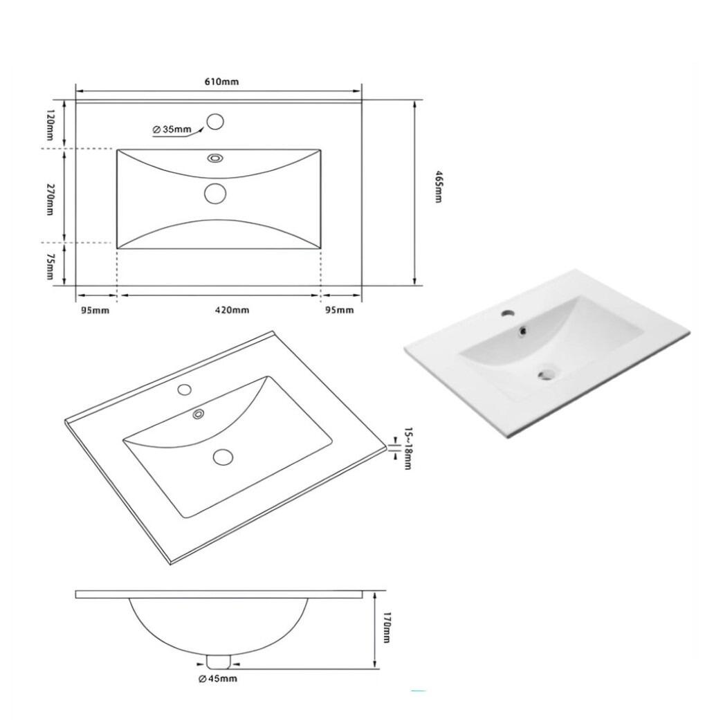 Sanctuary Shaker 600mm 2 Drawer Wall Hung Vanity Unit - Basin Dimensions