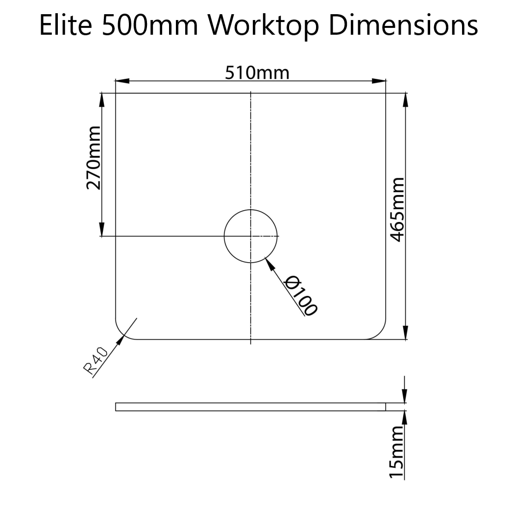 Elite / Ellis 500mm Optional White Solid Surface Countertop - Dimensions