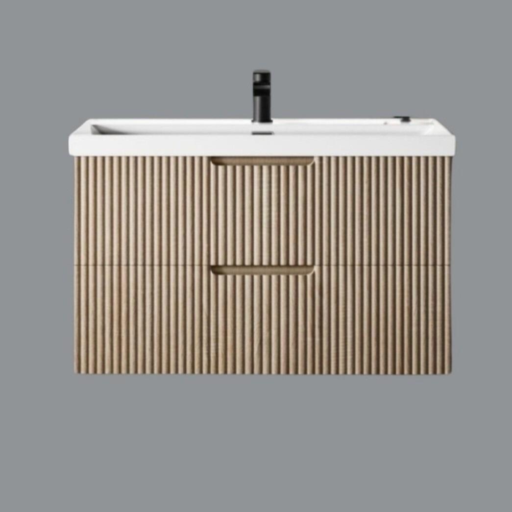 Miami 800mm Fluted Wall Hung Vanity Unit with Ceramic Basin - Light Oak