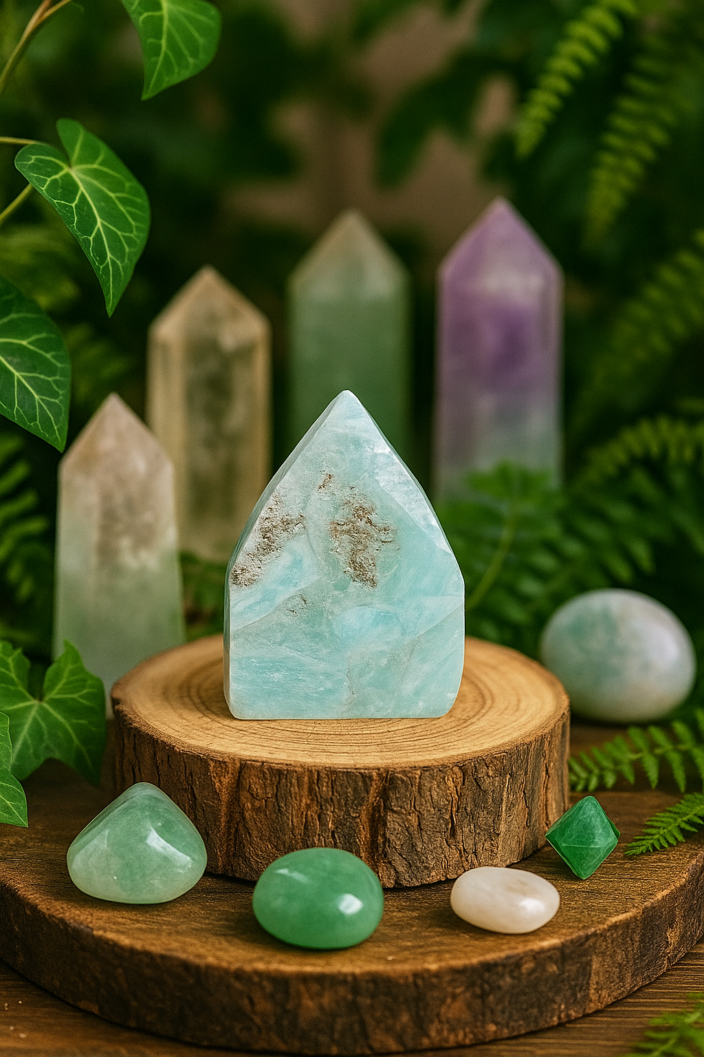 Large Amethyst on a table near a candle and other crystals