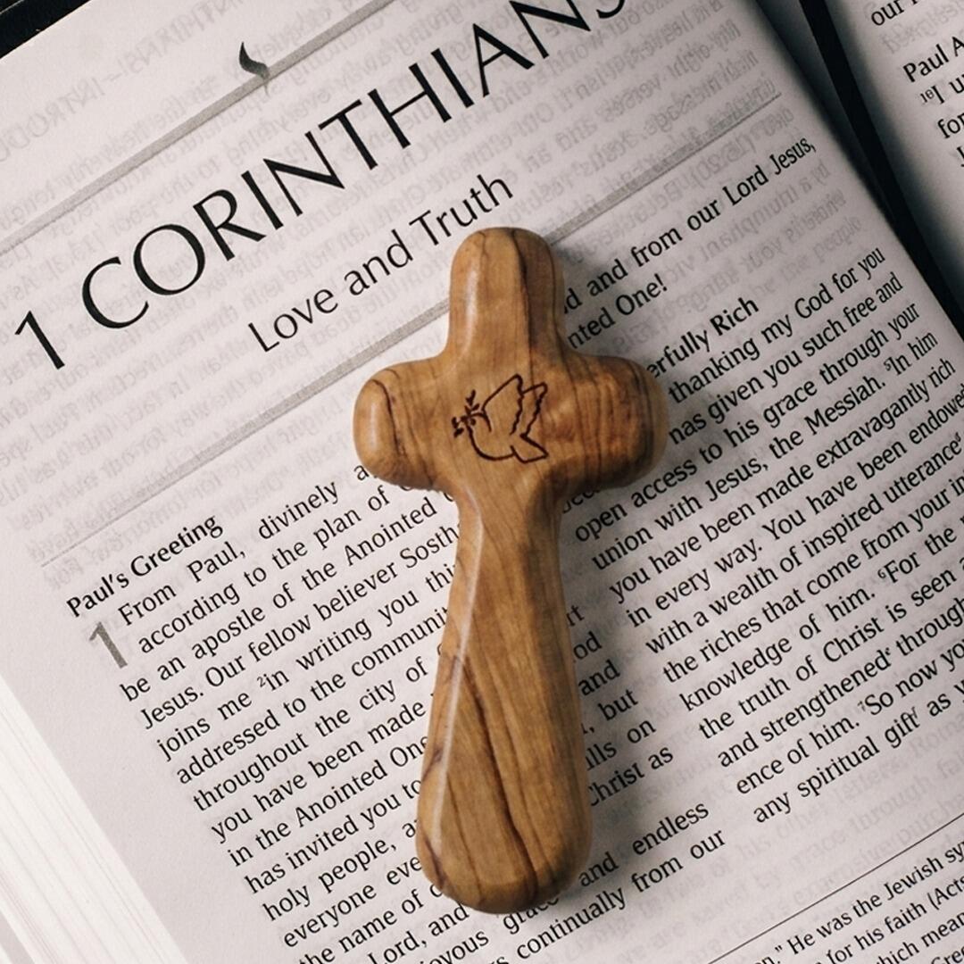 Bethlehem olive wood dove of peace holding cross lifestyle