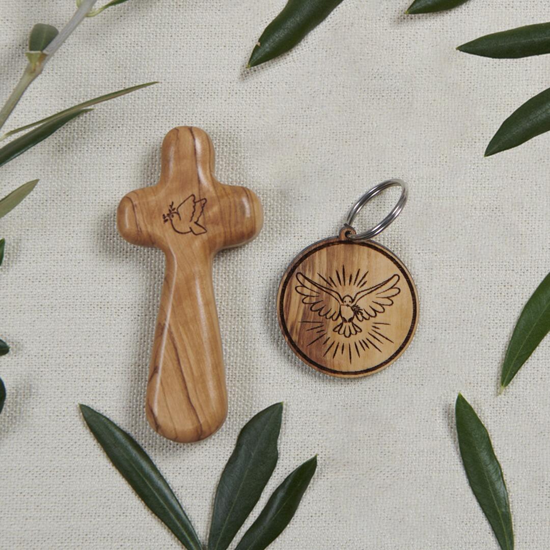 Bethlehem olive wood dove of peace holding cross lifestyle