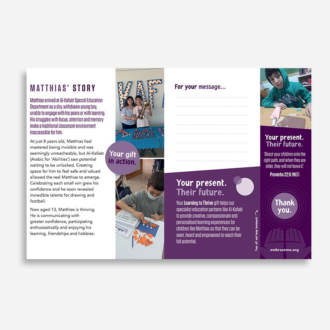 Embrace the Middle East - Alternative gift - Learning to Thrive, internals. A gift card where the funds are used to help Embrace specialist partners provide education