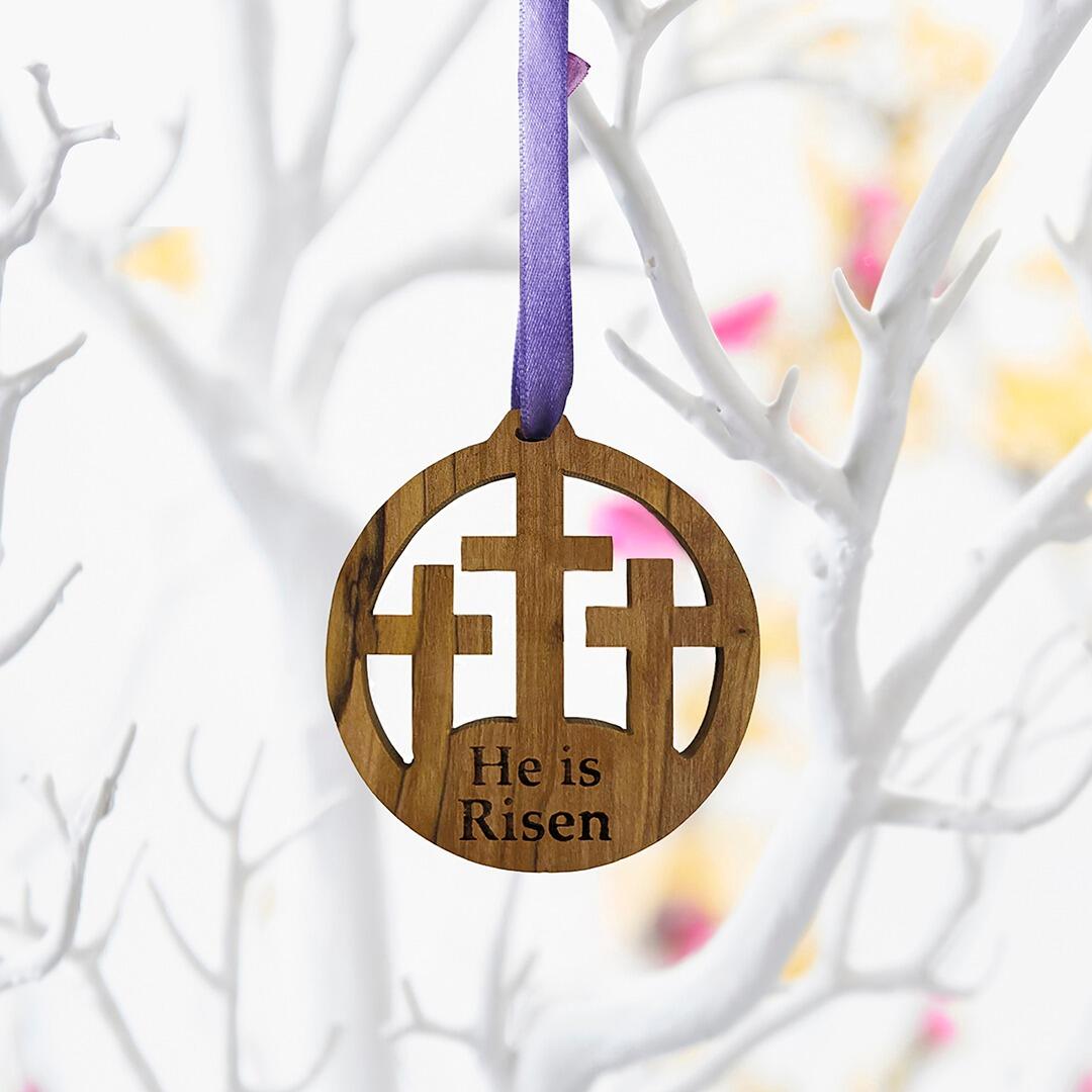 Olive Wood He Is Risen Cross Easter Decoration
