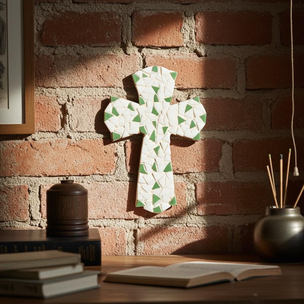 Handmade Mosaic Green and White Cross lifestyle