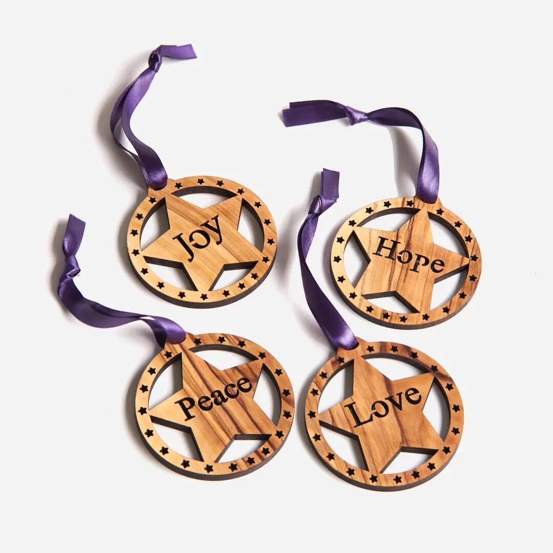 Christmas Decorations Olive Wood Joy, Hope, Peace & Love Decorations