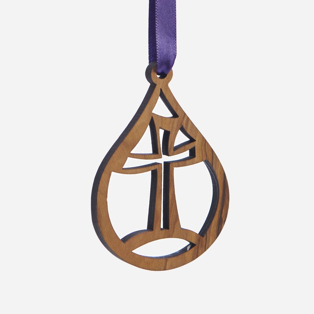 Olive Wood Cross Teardrop Decoration