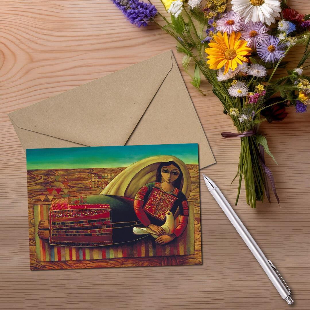 Woman resting with a Dove, Sliman Mansour. Single Notecard with envelope, blank inside for your own message