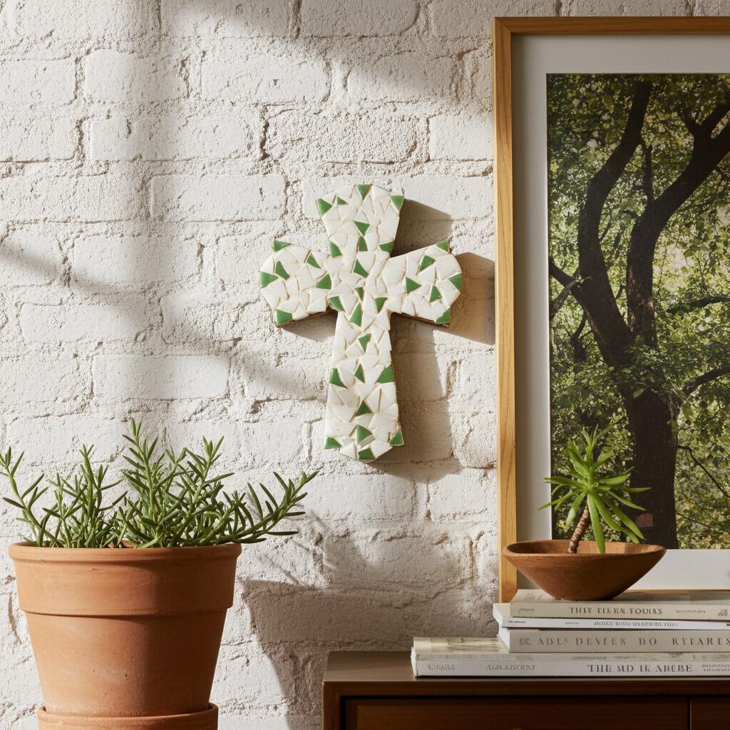 Handmade Mosaic Green and White Cross lifestyle